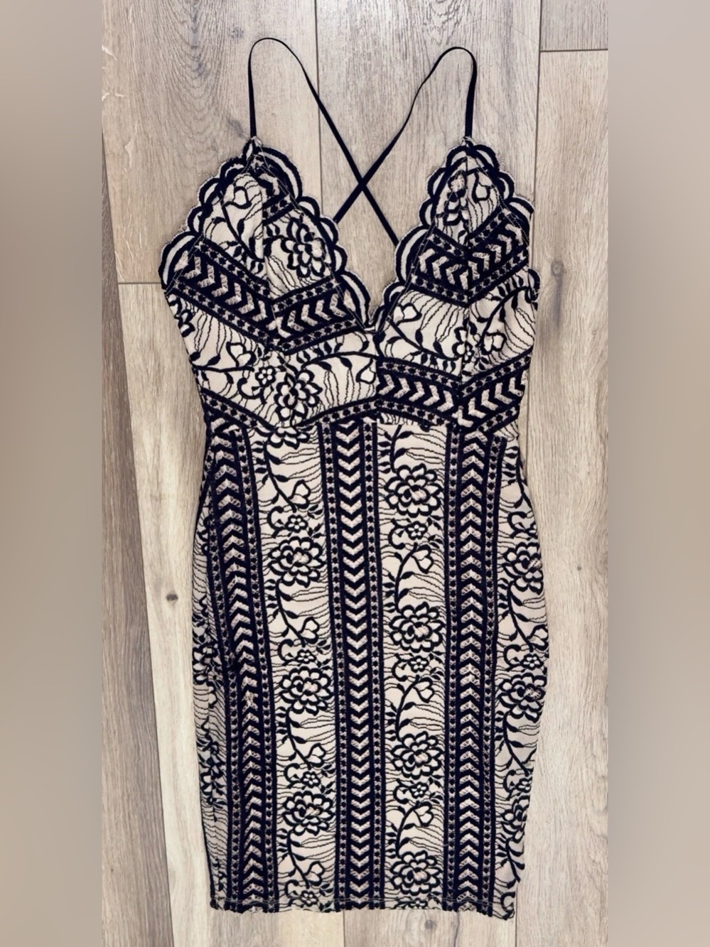 Lovely Day Black Lace-Overlay Nude Mini Dress